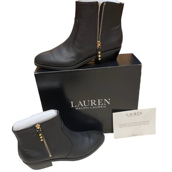 NWT IN BOX Lauren Ralph Lauren Leather Black Heeled Bootie Boots